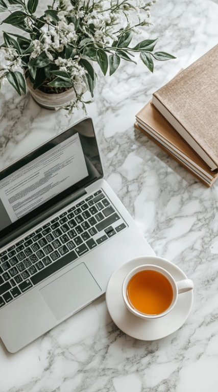 A laptop, cup of tea and stack of books on a marble desk.