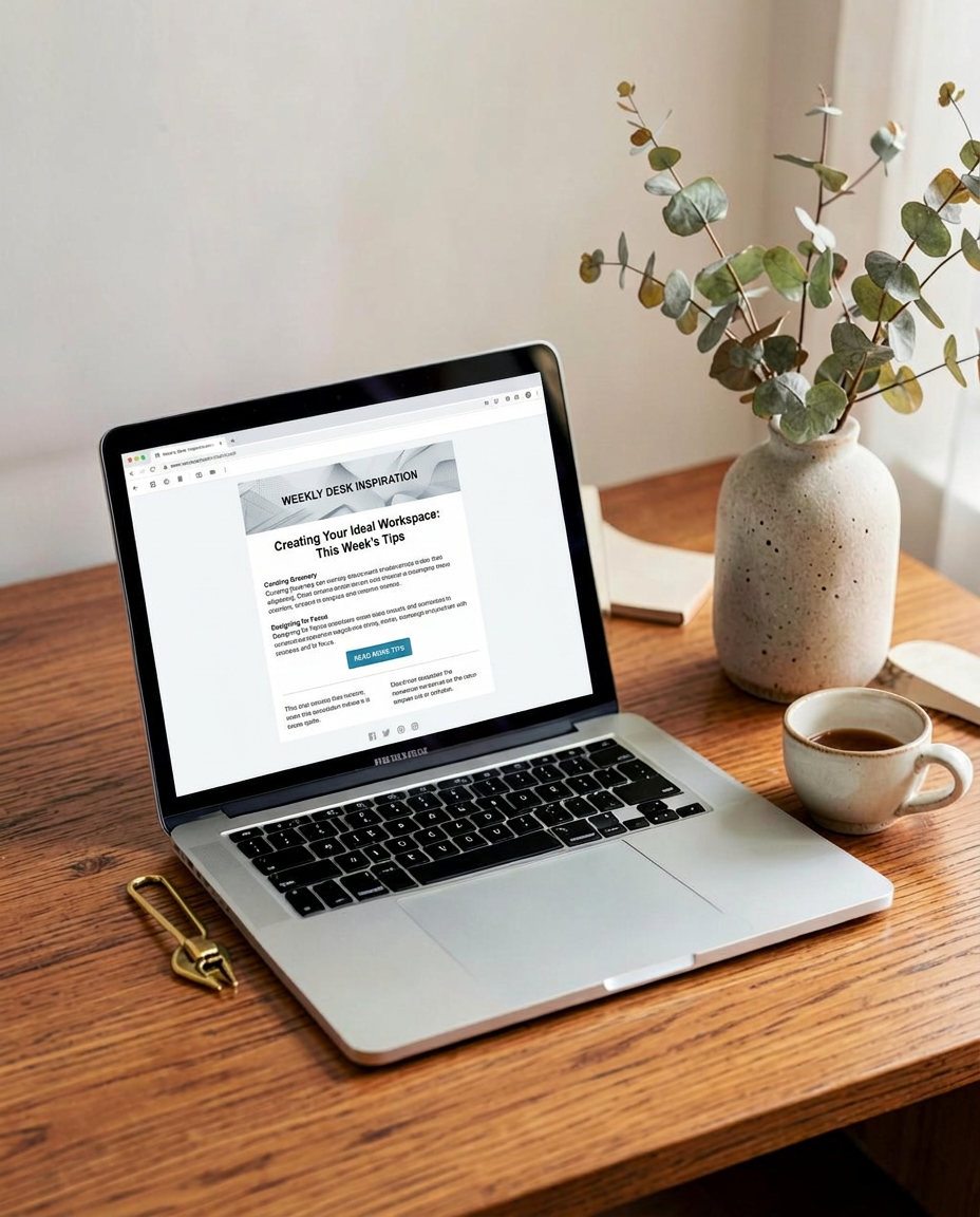 A laptop showing an email campaign beside a coffee cup.